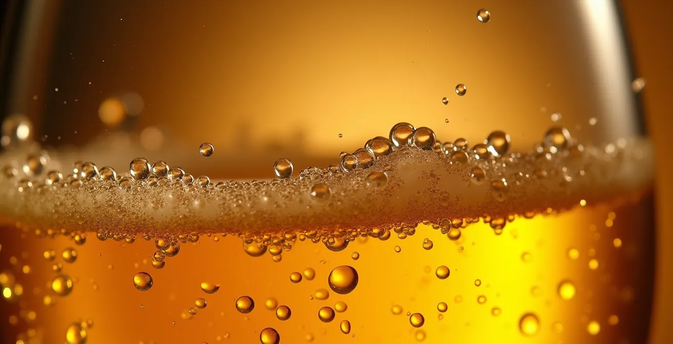 Vue macro des bulles de champagne montant dans un verre en cristallin