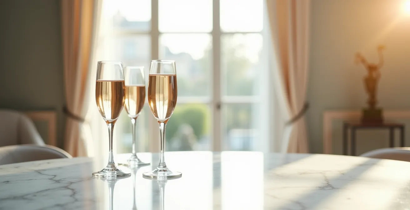 Table élégante avec différents verres en cristallin pour apéritif champagne