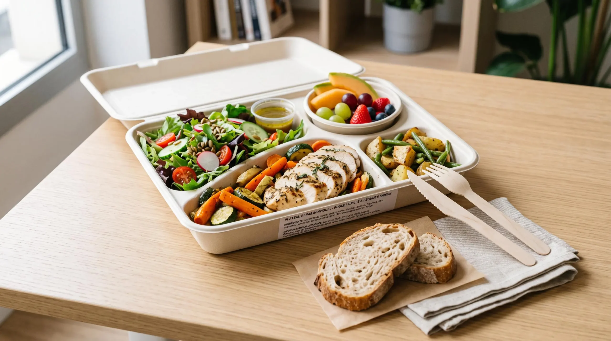Plateau-repas professionnel ouvert montrant ingrédients frais et équilibrés (salade verte, protéine, fruits de saison) avec étiquette allergènes visible, sur surface de bureau épurée, lumière naturelle