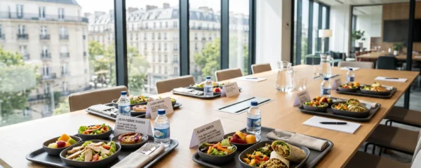 Plateaux-repas individuels professionnels disposés sur table de réunion dans bureau parisien moderne, avec étiquettes nominatives et ingrédients frais visibles, lumière naturelle