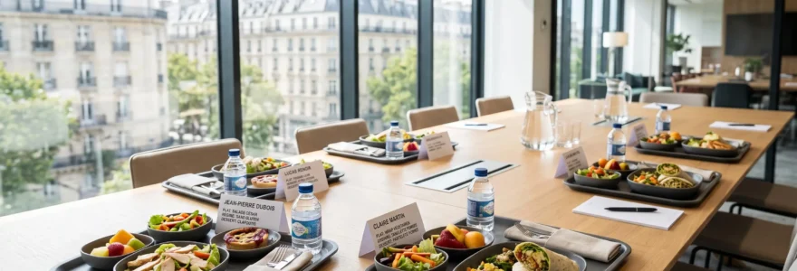 Plateaux-repas individuels professionnels disposés sur table de réunion dans bureau parisien moderne, avec étiquettes nominatives et ingrédients frais visibles, lumière naturelle
