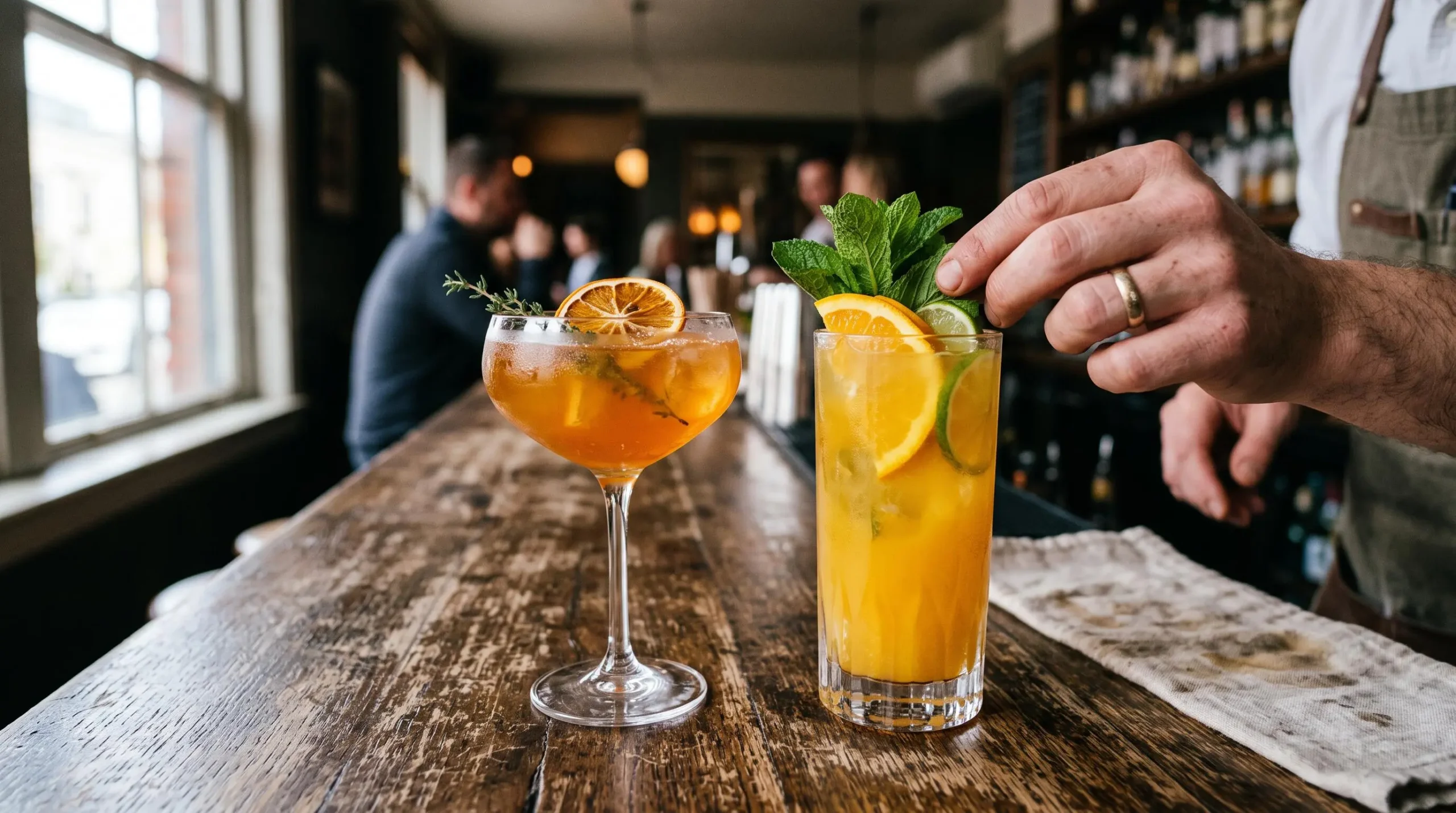 Un cocktail signature et un mocktail sans alcool posés sur un comptoir en bois.