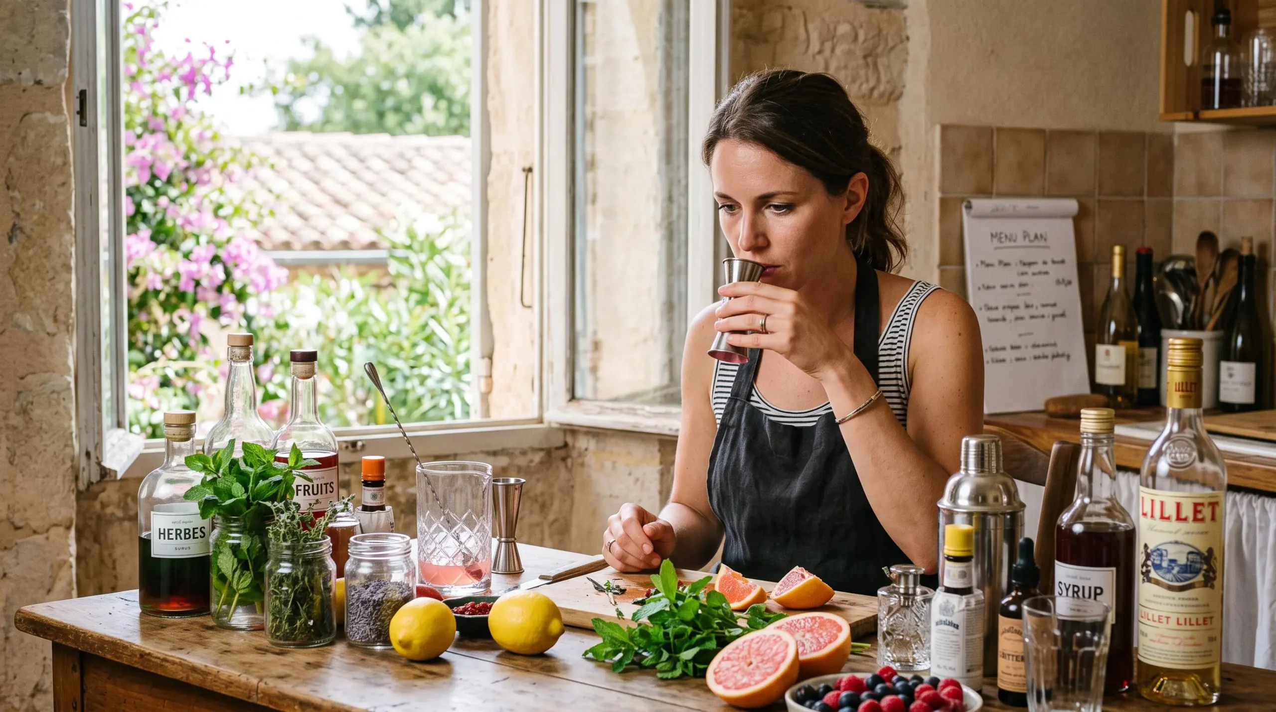Un mixologue goûte une préparation parmi fruits frais et sirops sur une table de travail.