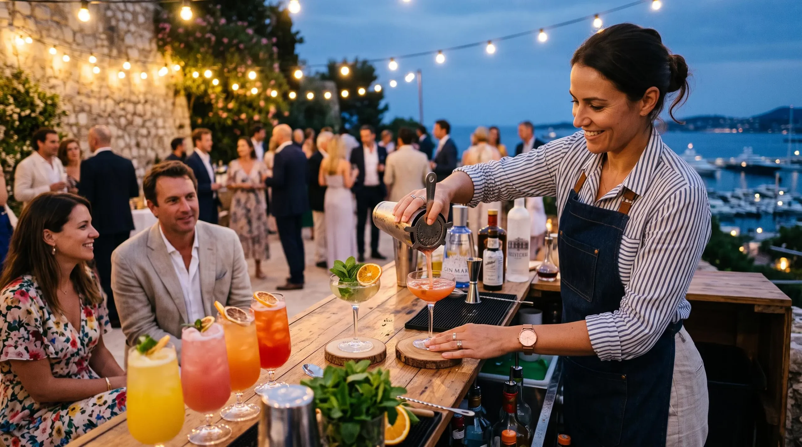 Un mixologue verse un cocktail signature derrière son bar lors d'une soirée événementielle.